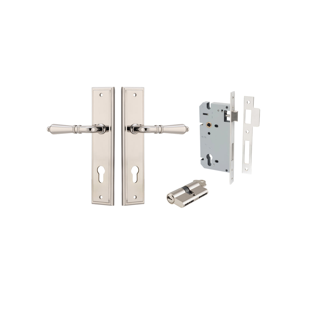 Sarlat Lever - Stepped Backplate Entrance Kit with High Security Lock Polished Nickel