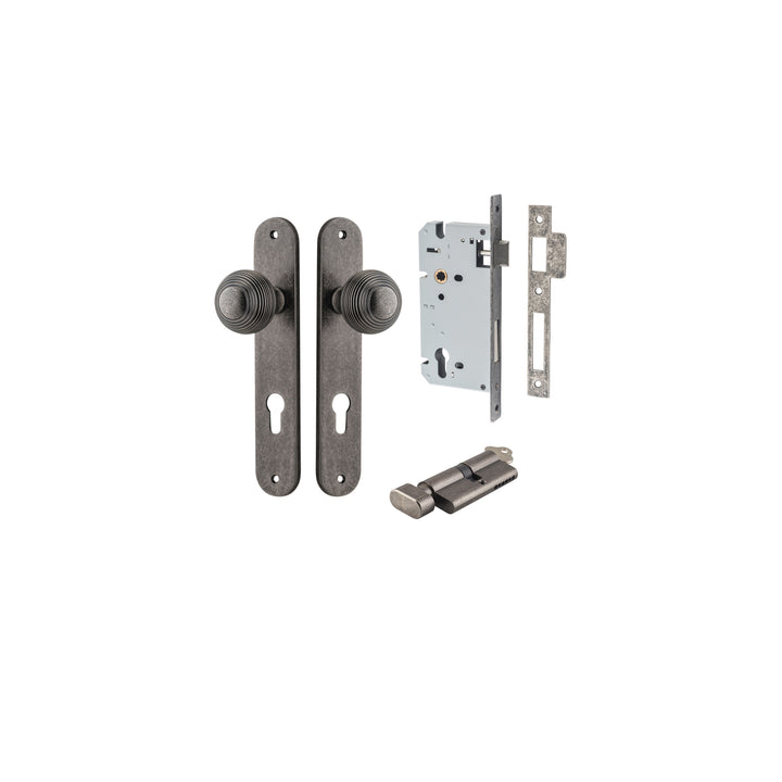 Guildford Knob - Oval Backplate Entrance Kit with High Security Lock Distressed Nickel
