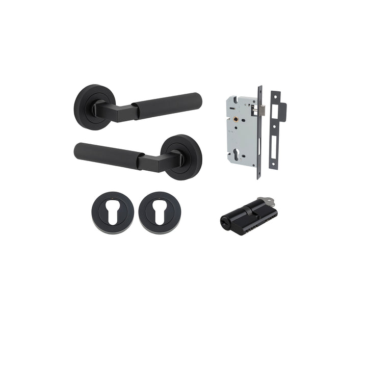 Brunswick Lever - Round Rose Entrance Kit with High Security Lock Matt Black