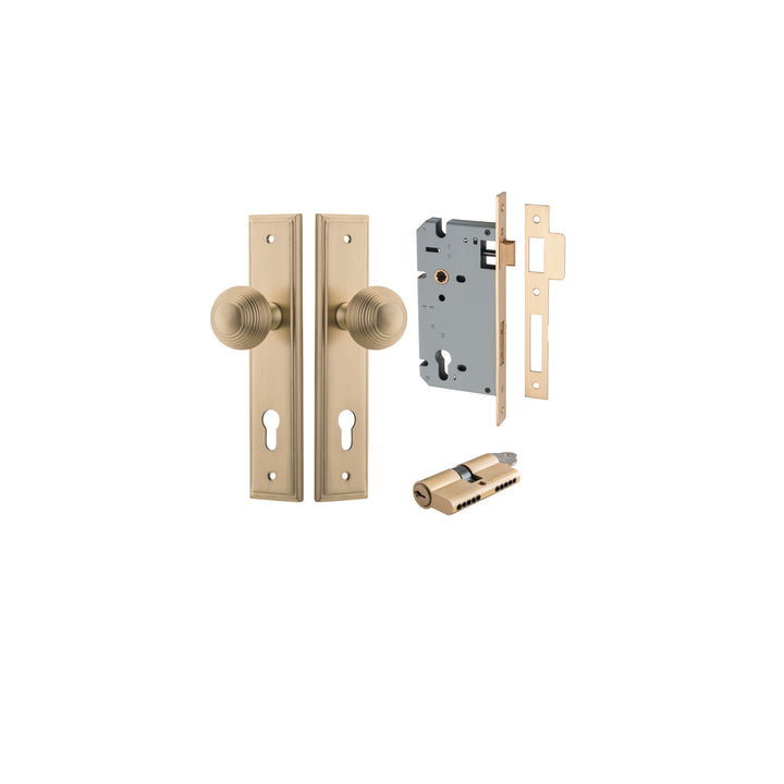 Guildford Knob - Stepped Backplate Entrance Kit with High Security Lock Brushed Brass