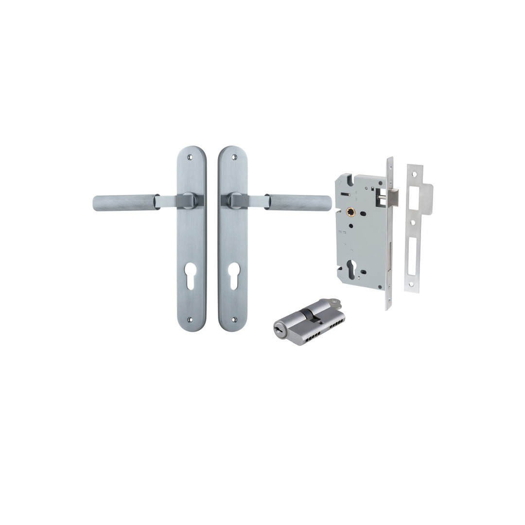 Brunswick Lever - Oval Backplate Entrance Kit with High Security Lock Brushed Chrome
