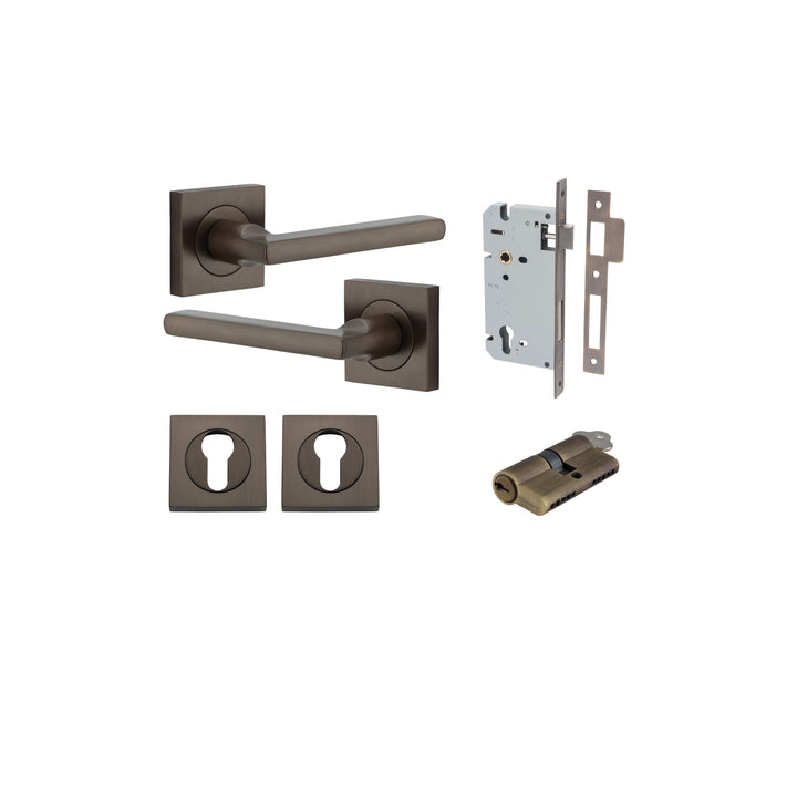 Baltimore Lever - Square Rose Entrance Kit with Separate High Security Lock Signature Brass