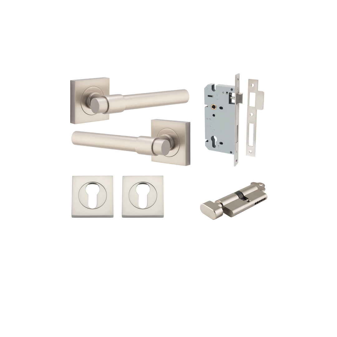 Helsinki Lever - Square Rose Entrance Kit with Separate High Security Lock Satin Nickel