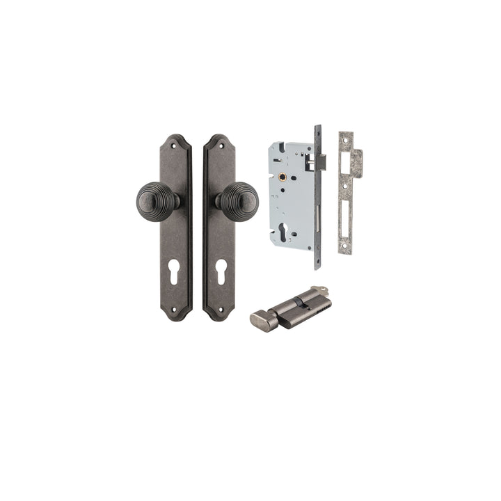 Guildford Knob - Shouldered Backplate Entrance Kit with High Security Lock Distressed Nickel