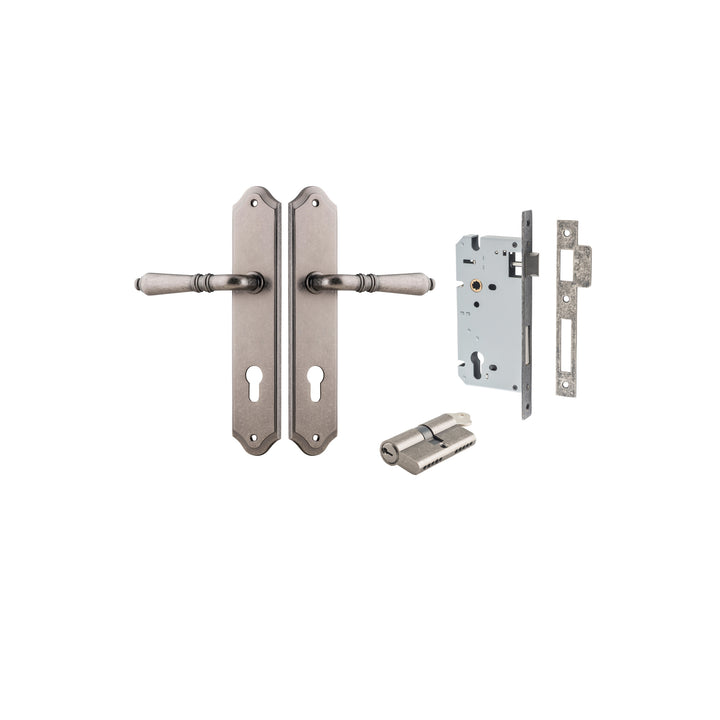 Sarlat Lever - Shouldered Backplate Entrance Kit with High Security Lock Distressed Nickel