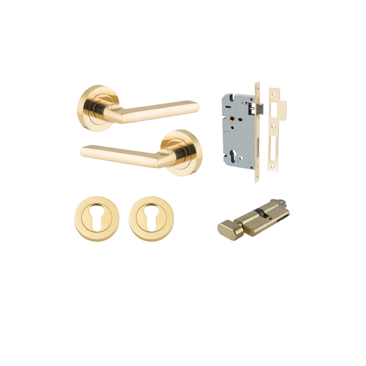 Baltimore Lever - Round Rose Entrance Kit with Separate High Security Lock Polished Brass