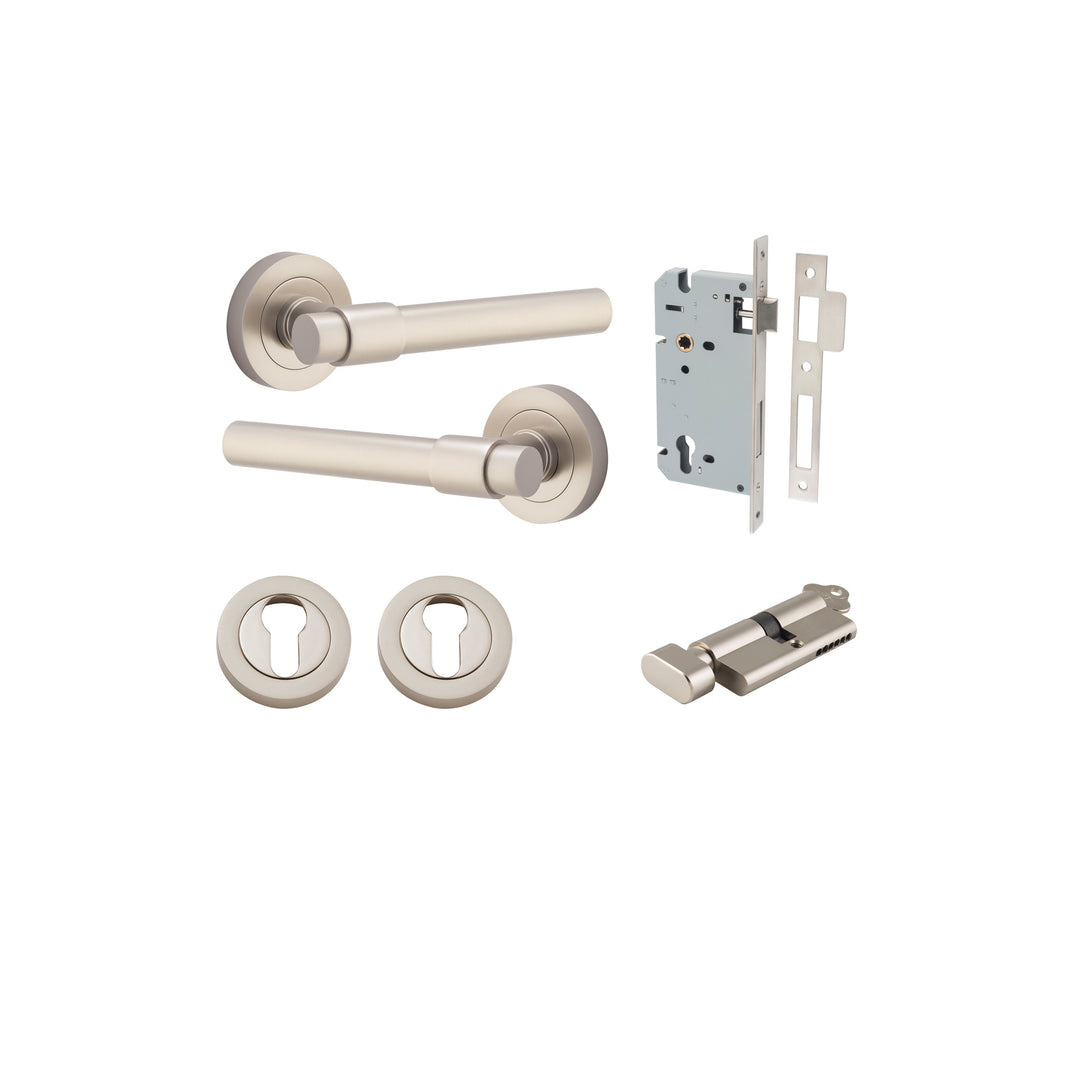 Helsinki Lever - Round Rose Entrance Kit with Separate High Security Lock Satin Nickel