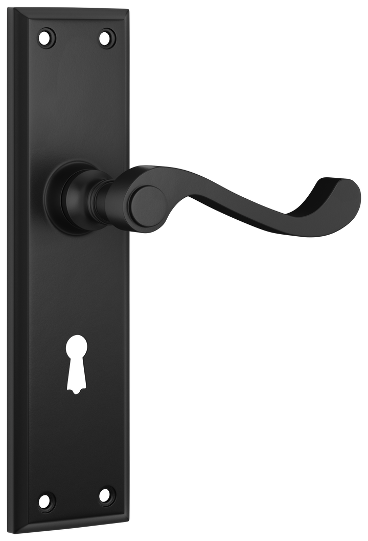 Door Lever Milton Lock Pair Matt Black H200xW50xP68mm