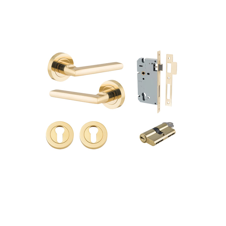 Baltimore Lever - Round Rose Entrance Kit with Separate High Security Lock Polished Brass