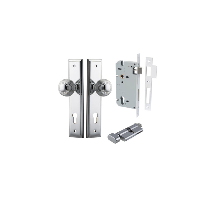 Guildford Knob - Stepped Backplate Entrance Kit with High Security Lock Polished Chrome