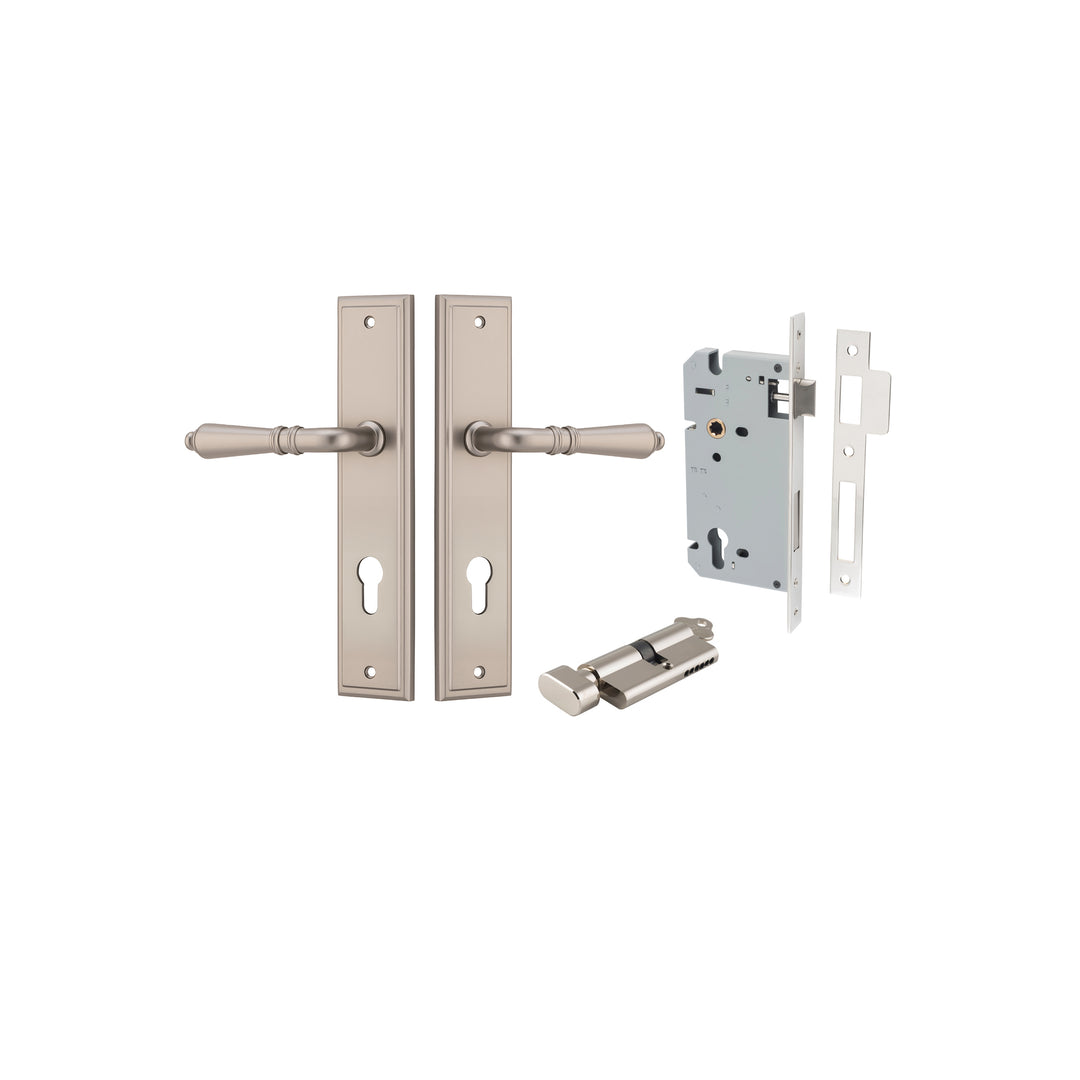 Sarlat Lever - Stepped Backplate Entrance Kit with High Security Lock Satin Nickel