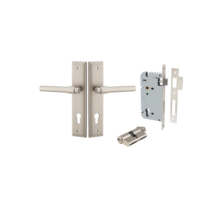 Helsinki Lever - Stepped Backplate Entrance Kit with High Security Lock Satin Nickel
