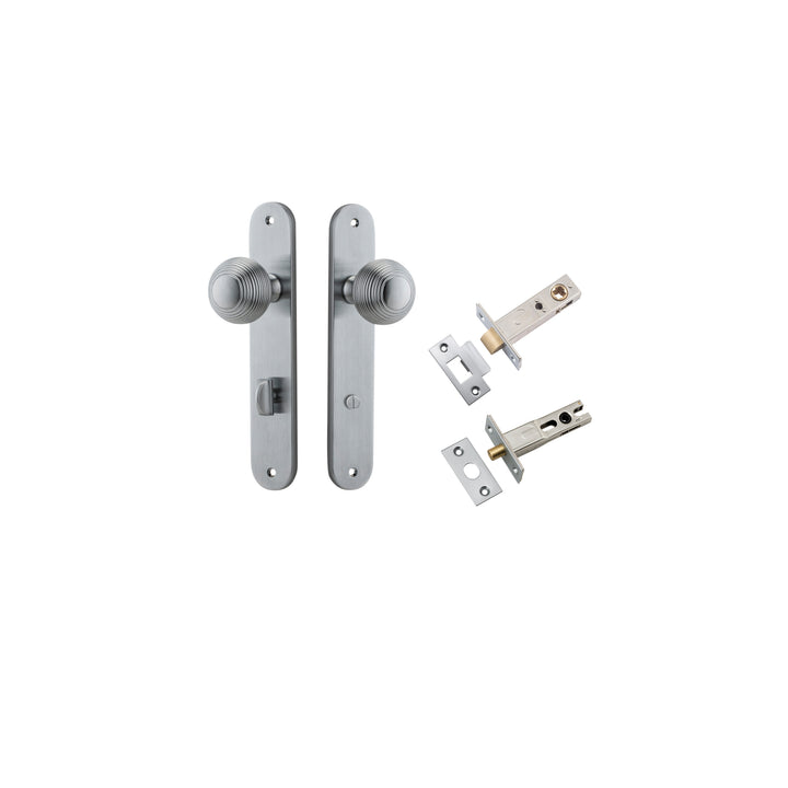 Guildford Knob - Oval Backplate Privacy Kit with Privacy Turn Brushed Chrome