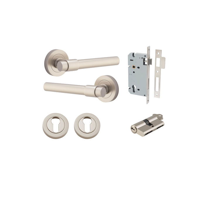 Helsinki Lever - Round Rose Entrance Kit with Separate High Security Lock Satin Nickel