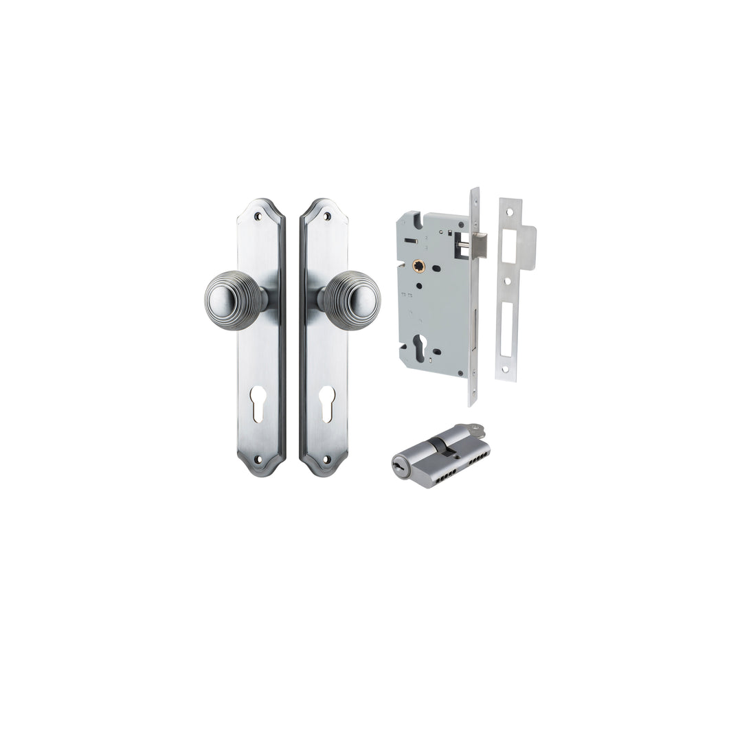 Guildford Knob - Shouldered Backplate Entrance Kit with High Security Lock Brushed Chrome