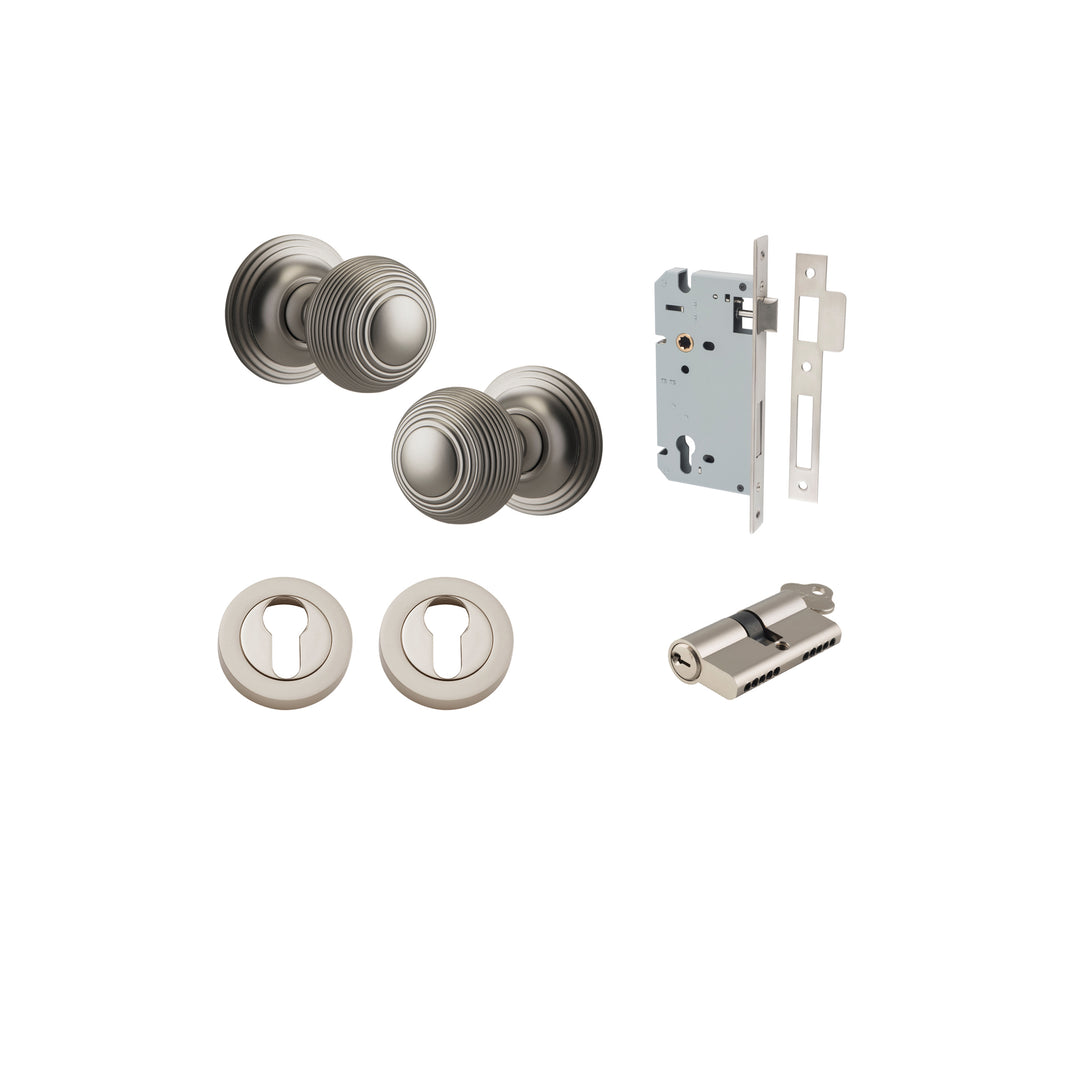 Guildford Knob - Round Rose Entrance Kit with Separate High Security Lock Satin Nickel