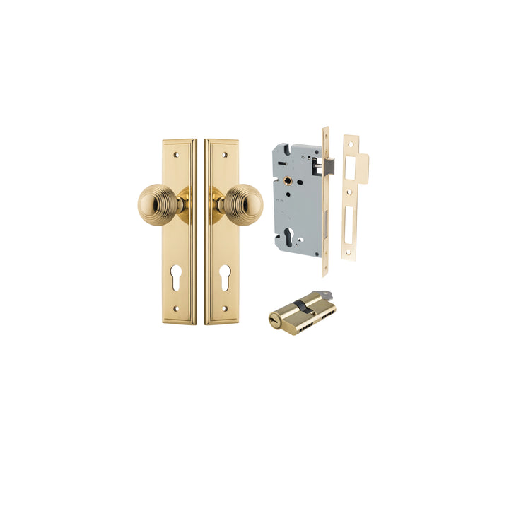 Guildford Knob - Stepped Backplate Entrance Kit with High Security Lock Polished Brass