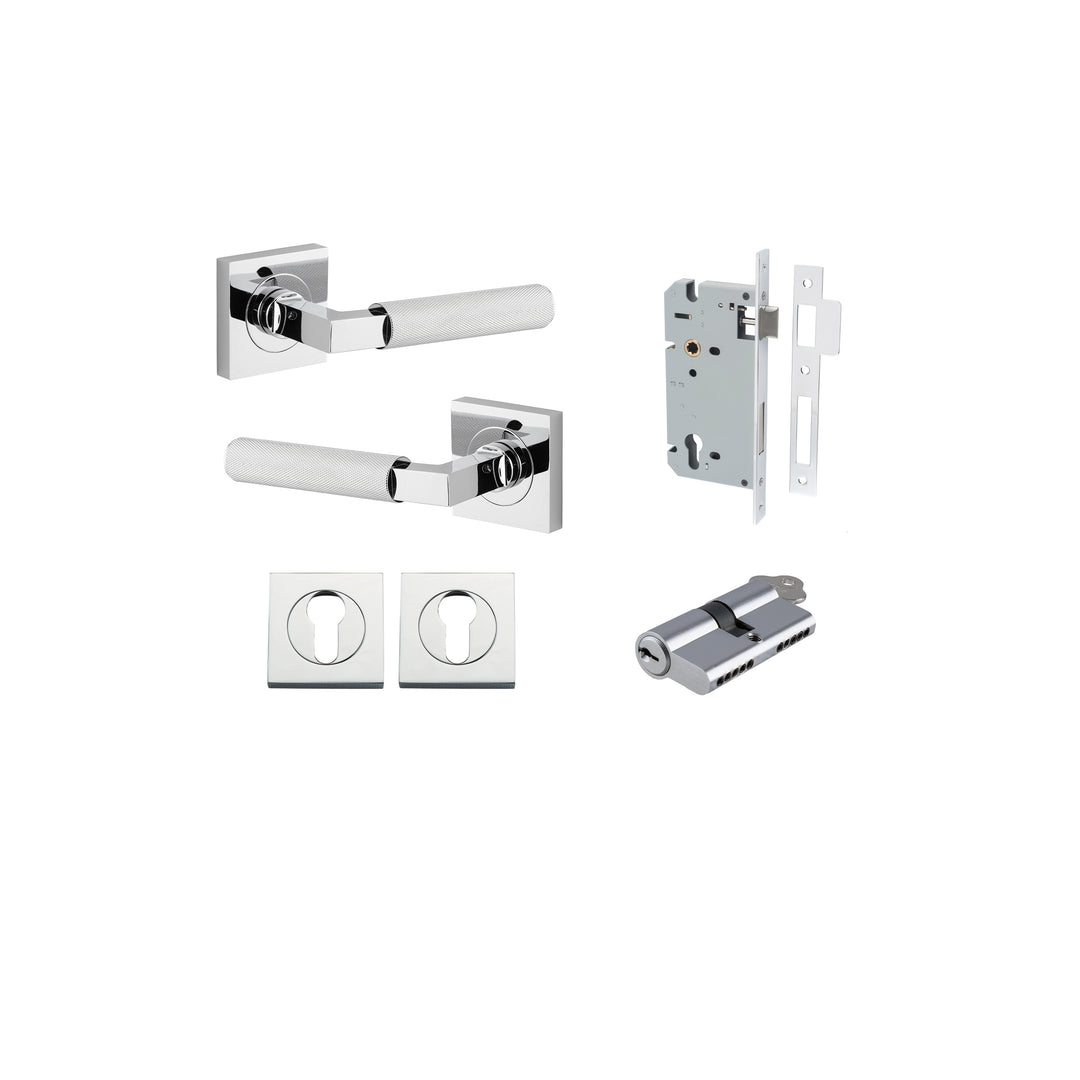Brunswick Lever - Square Rose Entrance Kit with High Security Lock Polished Chrome