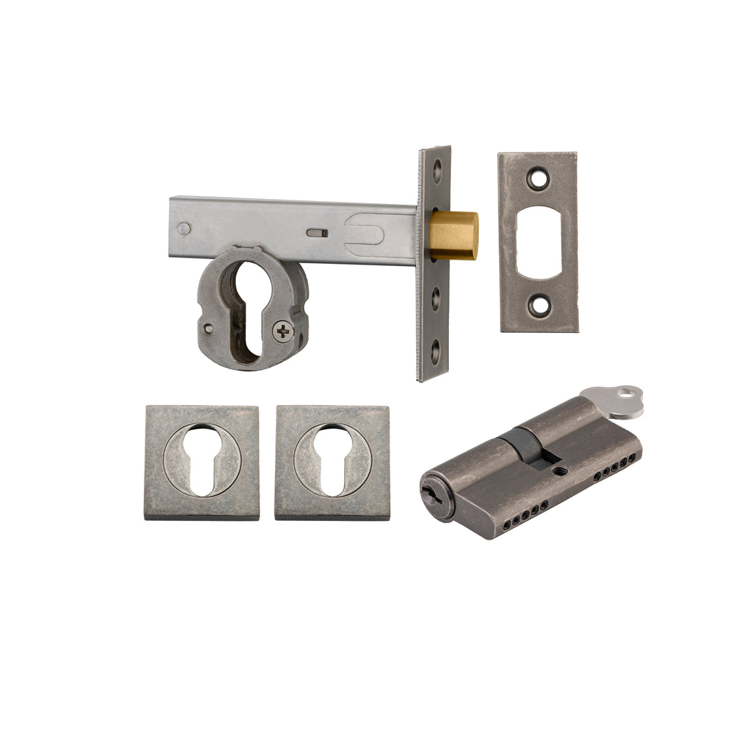 Euro Mortice Deadbolt Kit - 60mm Backset with Square Euro Escutcheon Key/Key Distressed Nickel