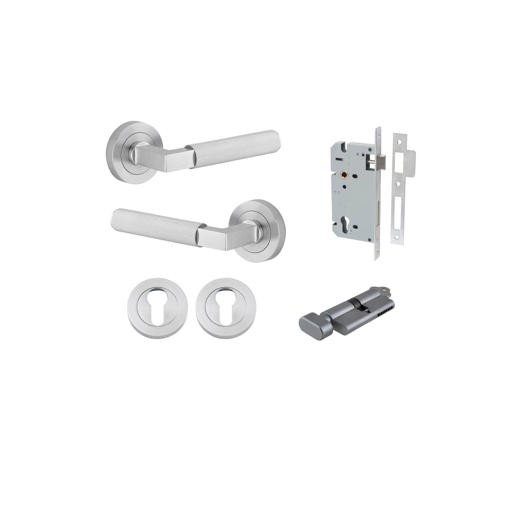 Brunswick Lever - Round Rose Entrance Kit with High Security Lock Brushed Chrome