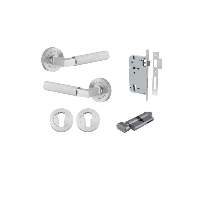 Brunswick Lever - Round Rose Entrance Kit with High Security Lock Brushed Chrome