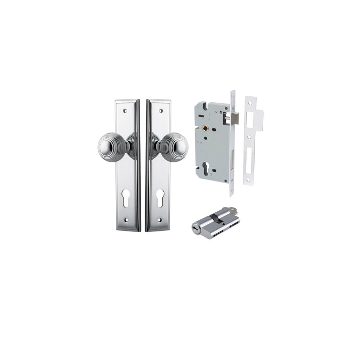 Guildford Knob - Stepped Backplate Entrance Kit with High Security Lock Polished Chrome