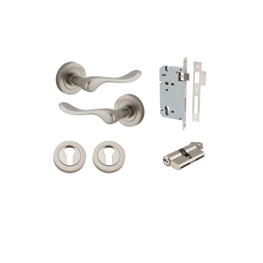 Stirling Lever - Round Rose Entrance Kit with Separate High Security Lock Satin Nickel