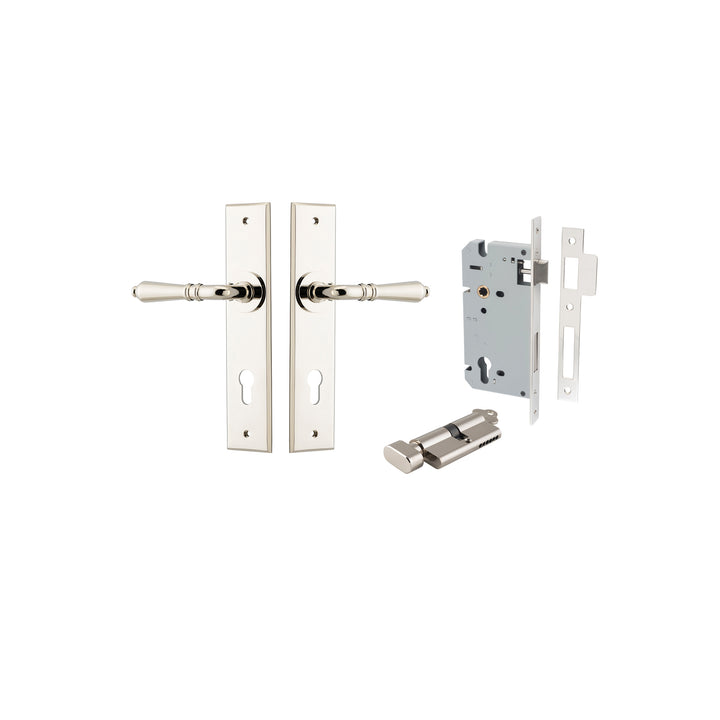 Sarlat Lever - Chamfered Backplate Entrance Kit with High Security Lock Polished Nickel