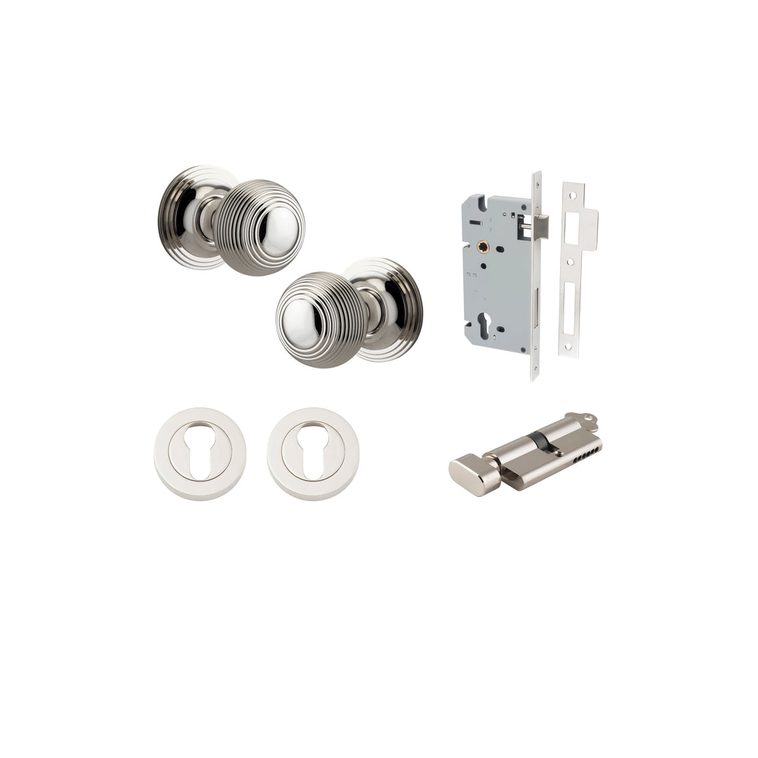 Guildford Knob - Round Rose Entrance Kit with Separate High Security Lock Polished Nickel