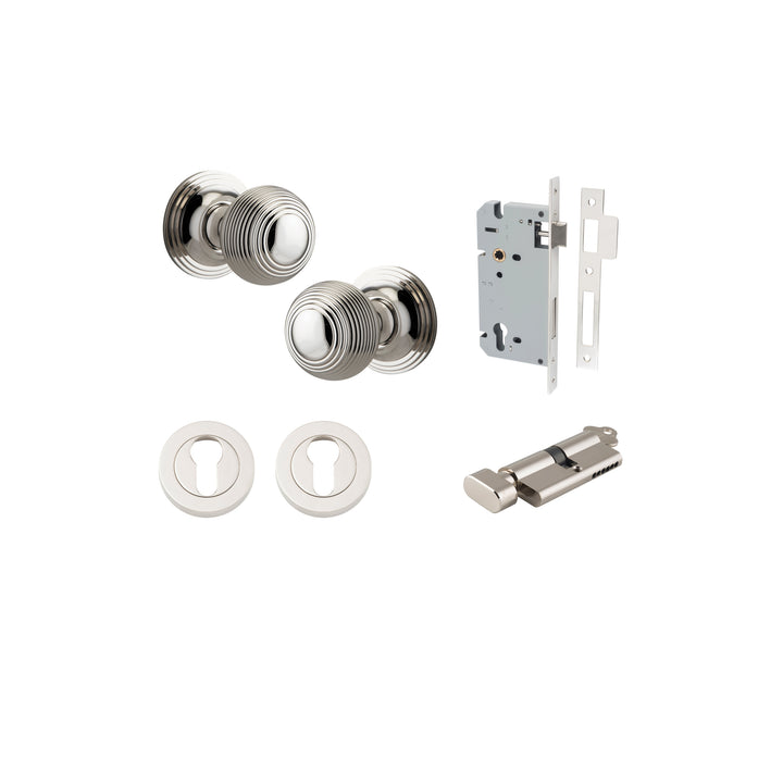 Guildford Knob - Round Rose Entrance Kit with Separate High Security Lock Polished Nickel