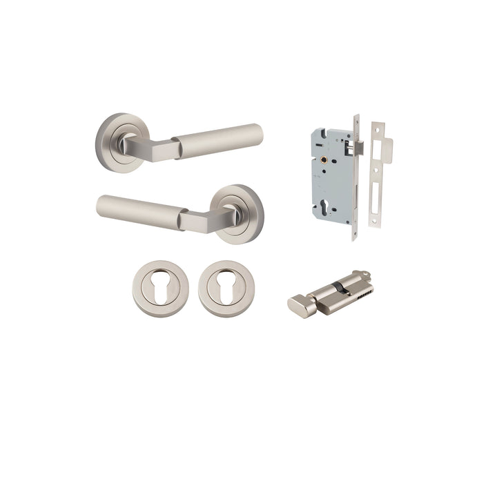 Brunswick Lever - Round Rose Entrance Kit with High Security Lock Satin Nickel