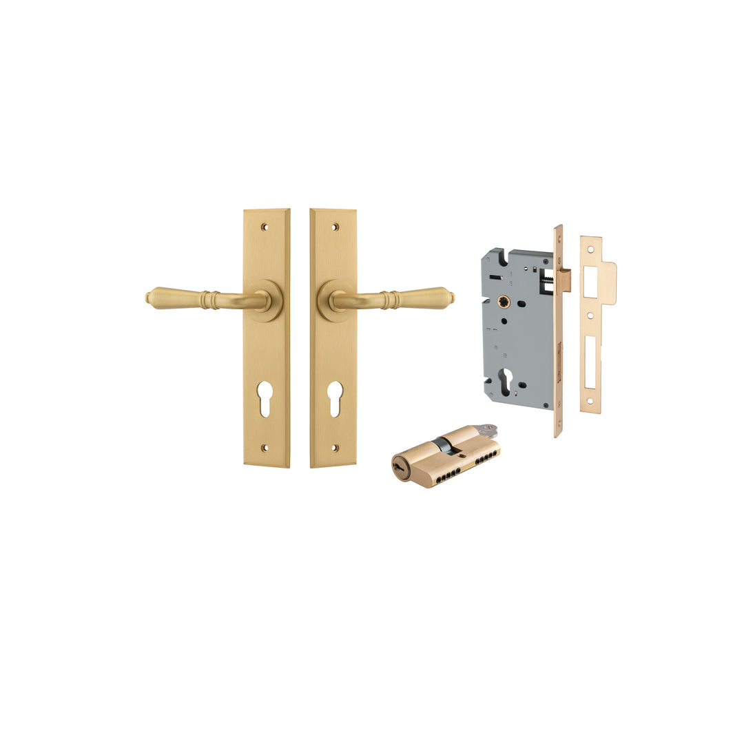 Sarlat Lever - Chamfered Backplate Entrance Kit with High Security Lock Brushed Brass