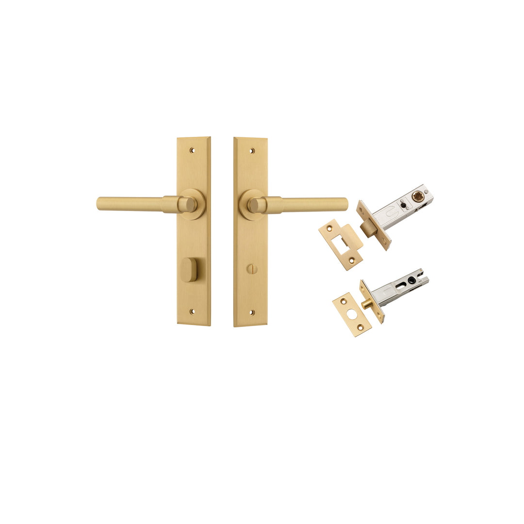 Helsinki Lever - Chamfered Backplate Privacy Kit with Privacy Turn Brushed Brass