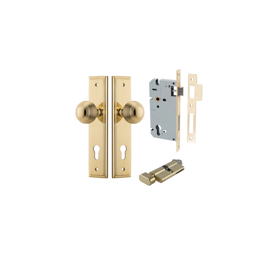 Guildford Knob - Stepped Backplate Entrance Kit with High Security Lock Polished Brass