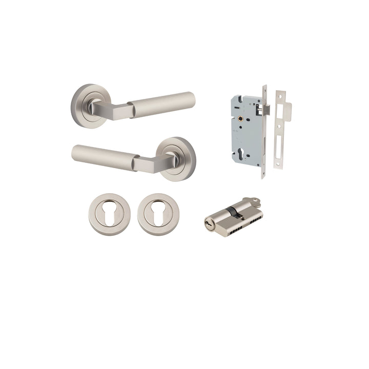 Brunswick Lever - Round Rose Entrance Kit with High Security Lock Satin Nickel