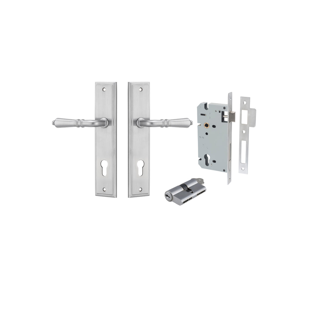 Sarlat Lever - Stepped Backplate Entrance Kit with High Security Lock Brushed Chrome