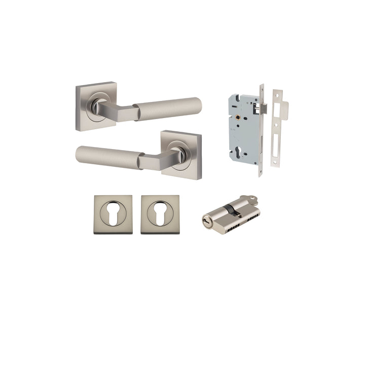 Brunswick Lever - Square Rose Entrance Kit with High Security Lock Satin Nickel