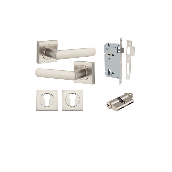 Osaka Lever - Square Rose Entrance Kit with Separate High Security Lock Satin Nickel