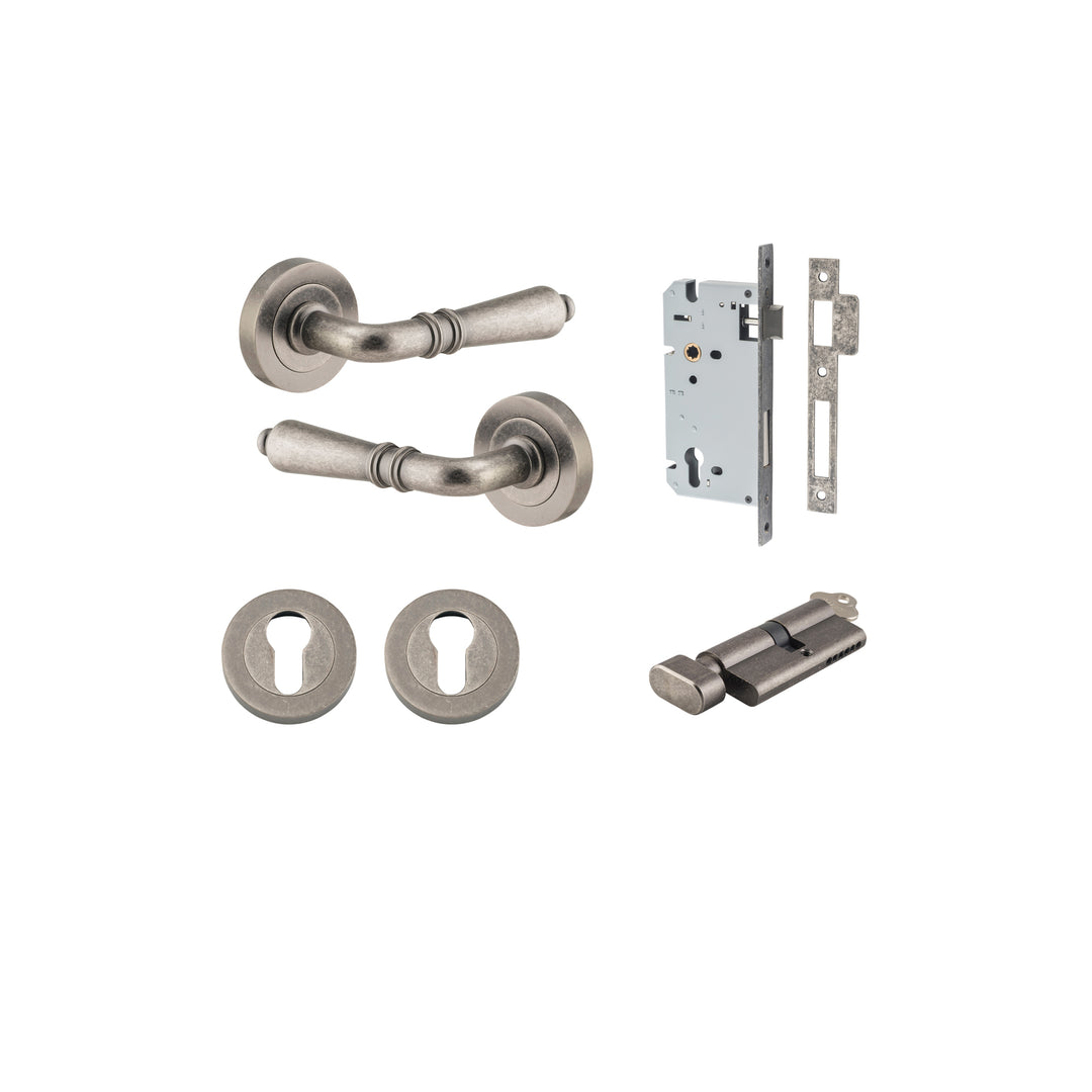 Sarlat Lever - Round Rose Entrance Kit with Separate High Security Lock Distressed Nickel