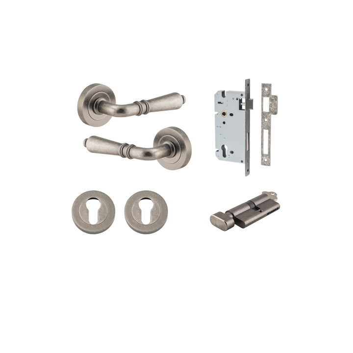 Sarlat Lever - Round Rose Entrance Kit with Separate High Security Lock Distressed Nickel