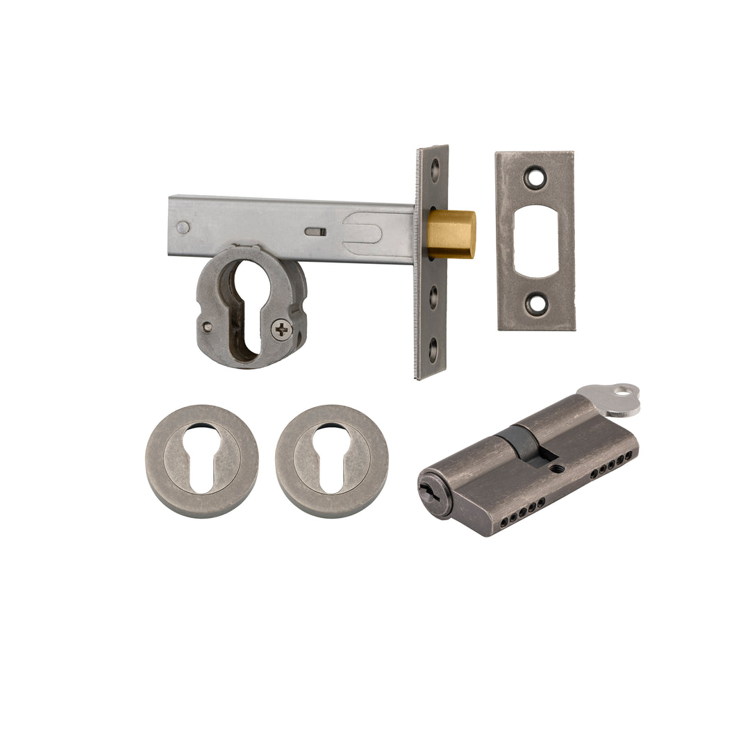 Euro Mortice Deadbolt Kit - 60mm Backset with Round Euro Escutcheon Key/Key Distressed Nickel