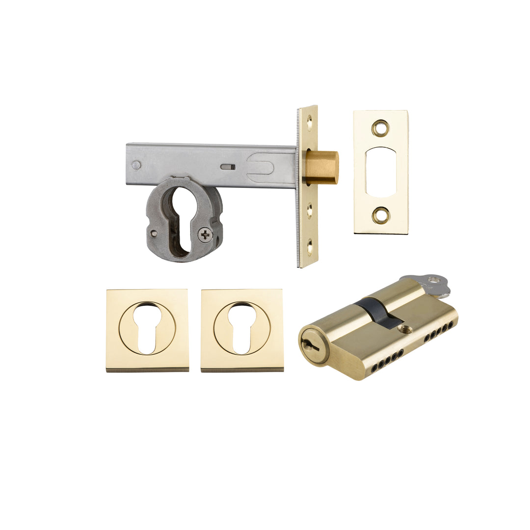 Euro Mortice Deadbolt Kit - 60mm Backset with Square Euro Escutcheon Key/Key Polished Brass
