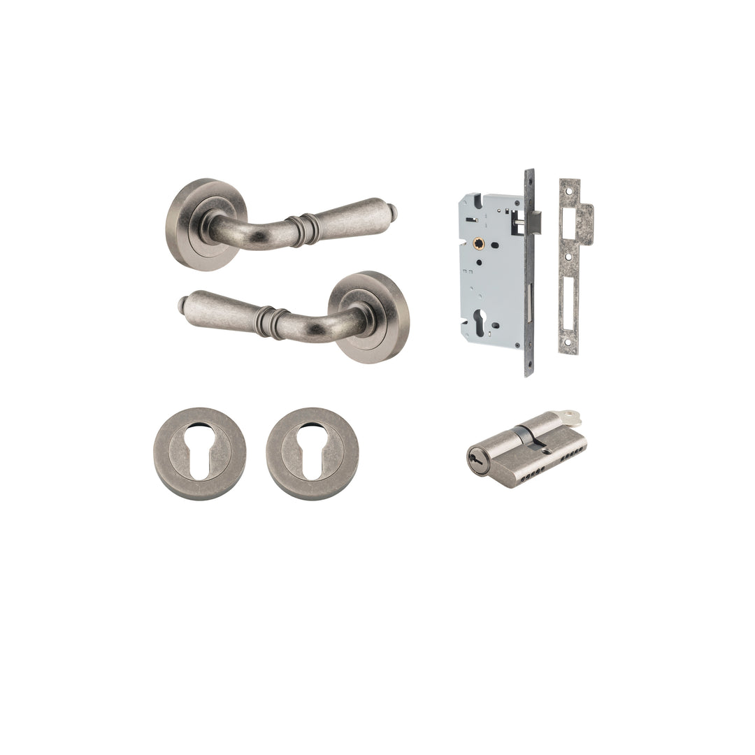Sarlat Lever - Round Rose Entrance Kit with Separate High Security Lock Distressed Nickel