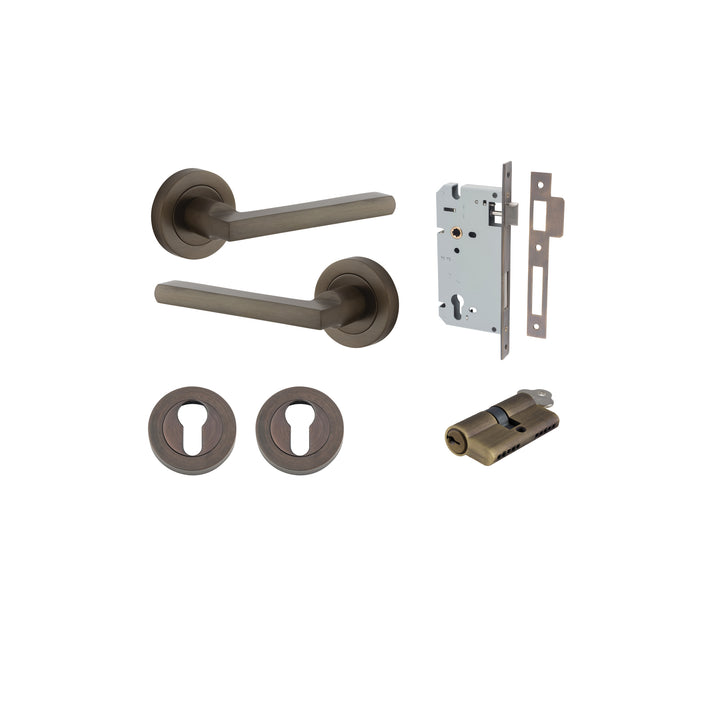 Baltimore Lever - Round Rose Entrance Kit with Separate High Security Lock Signature Brass