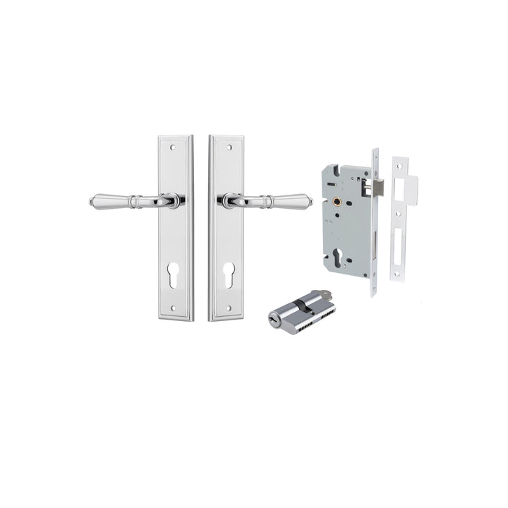 Sarlat Lever - Stepped Backplate Entrance Kit with High Security Lock Polished Chrome