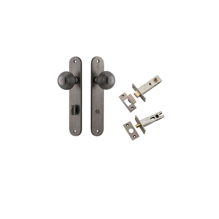 Guildford Knob - Oval Backplate Privacy Kit with Privacy Turn Distressed Nickel