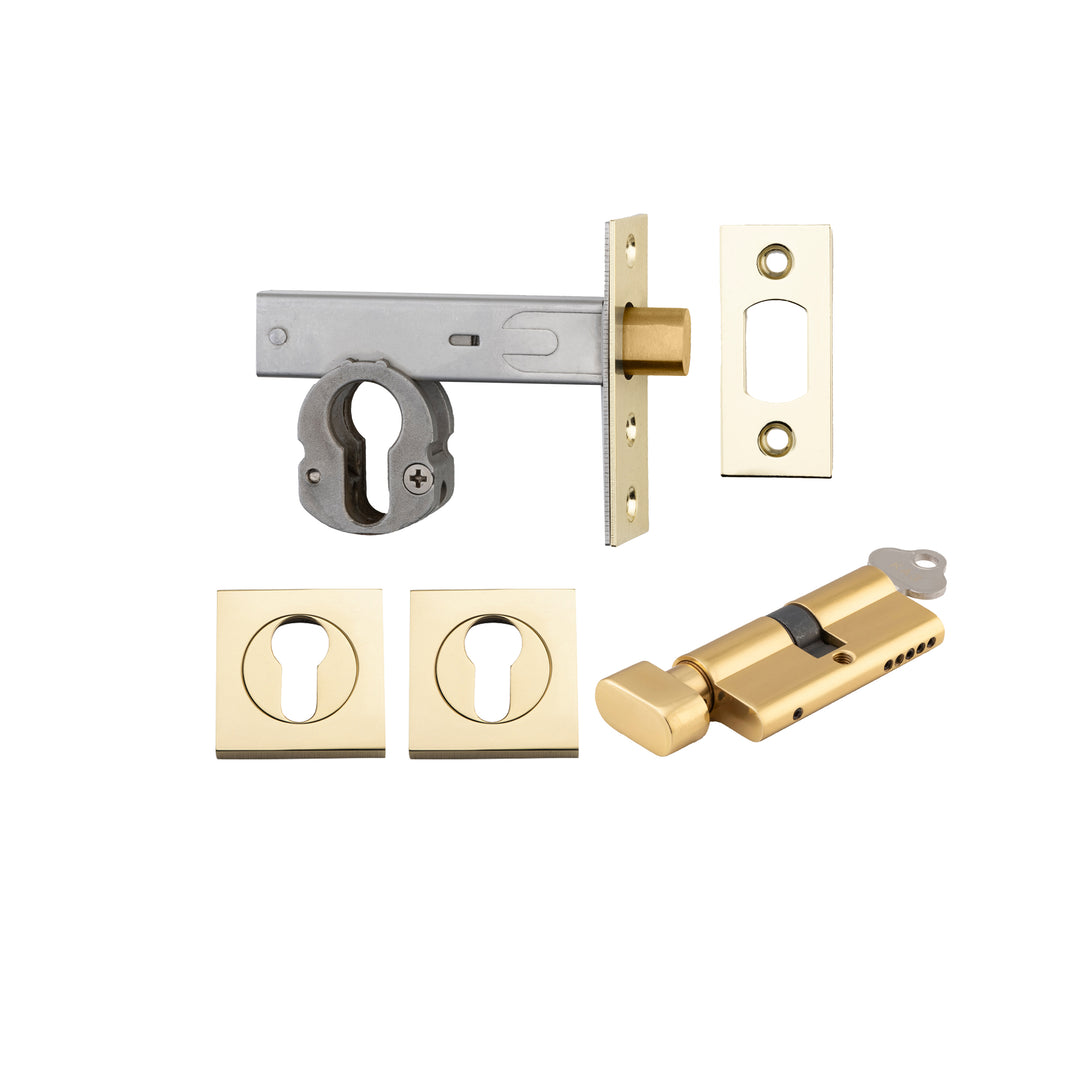Euro Mortice Deadbolt Kit - 60mm Backset with Square Euro Escutcheon Key/Thumb Polished Brass