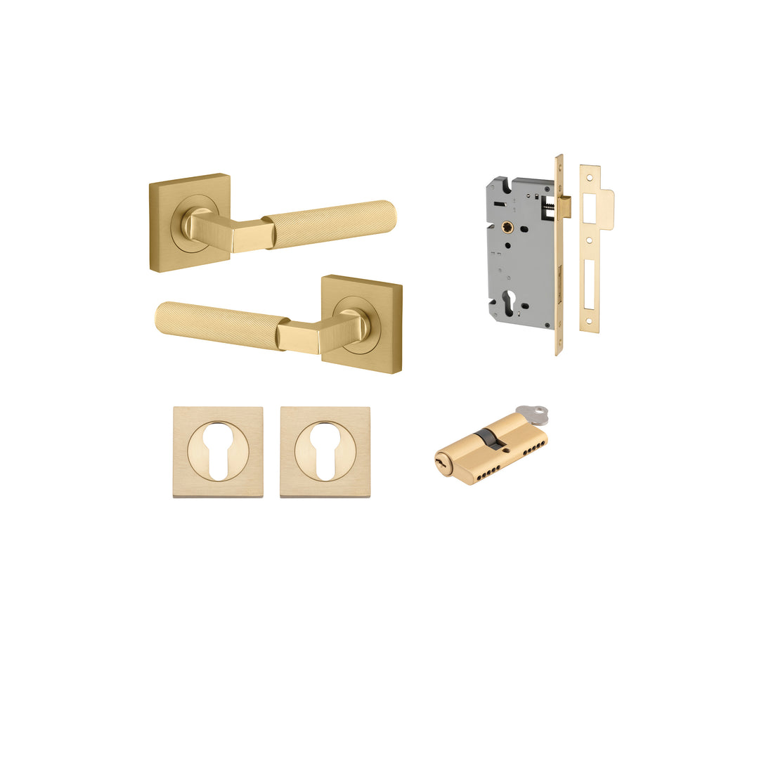Brunswick Lever - Square Rose Entrance Kit with High Security Lock Brushed Gold PVD