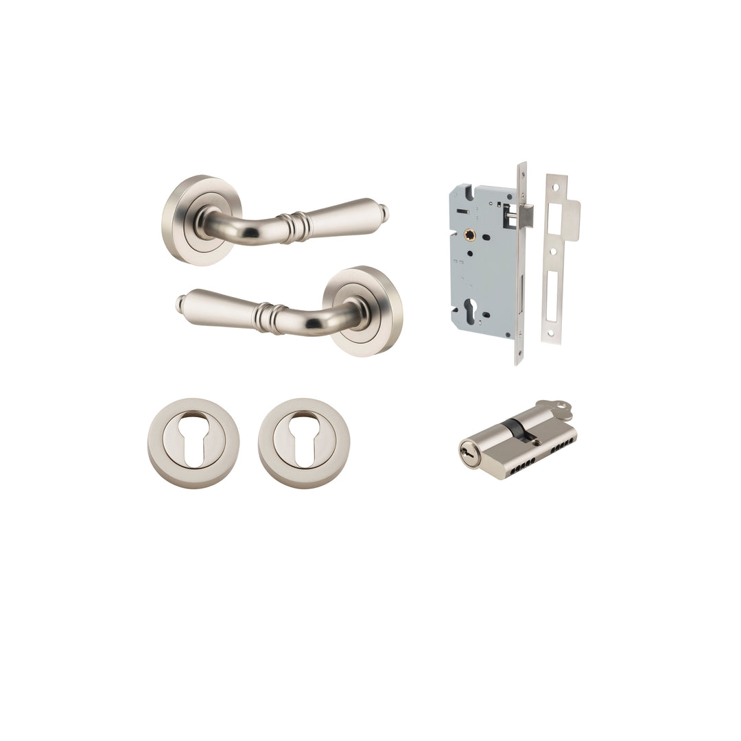Sarlat Lever - Round Rose Entrance Kit with Separate High Security Lock Satin Nickel