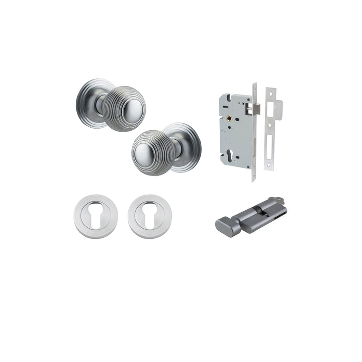 Guildford Knob - Round Rose Entrance Kit with Separate High Security Lock Brushed Chrome